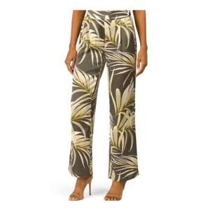 Rachel Zoe pants women's large tropical palm print wide leg pull on satin green